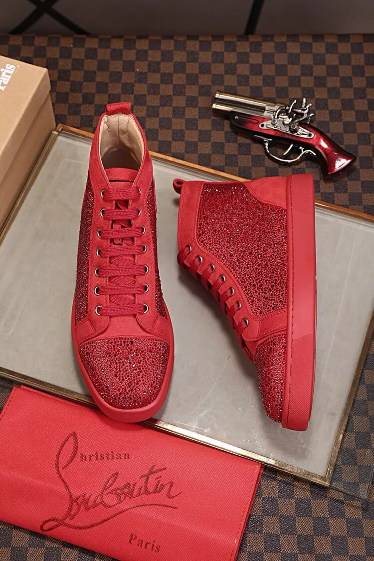 Ex-factory price 480. christian louboutin (CL red sole shoes) counter hot diamond series, high-top casual sneakers for couples 📢 📢 📢 Exclusive hot style release 🎈🎈💪 Movable latex feet 👻 Finished outsole sewing line [satisfied] 😝Female 35-40# Male 38#-46, global supply😝 [Top version]: original imported cowhide upper, top original leather lining, original molded TPU outsole, original 1:1 detail processing, original shoe last, large quantity available from stock,
